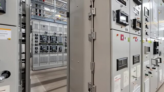 Close-up view of a row of modern industrial electrical control panels and switchgear in a power distribution facility.