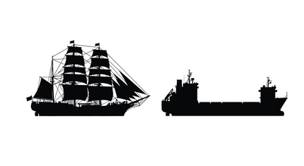 Two ships side-by-side, a sailing vessel and freighter, silhouette © IMkM00i76