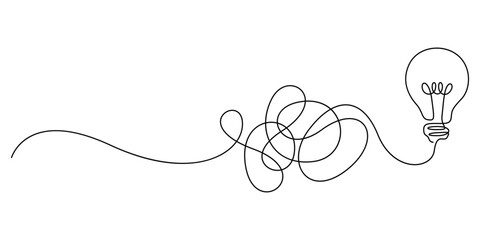 Continuous line drawing of tangled path to light bulb, concept of problem solving and clarity minimalist vector Minimalist one line art of messy wire turning into idea bulb, symbol of creative process © MD