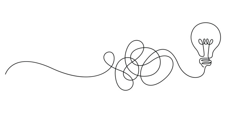 Continuous line drawing of tangled path to light bulb, concept of problem solving and clarity minimalist vector Minimalist one line art of messy wire turning into idea bulb, symbol of creative process