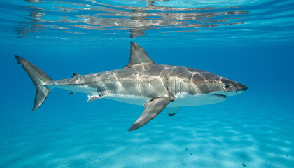 Fototapeta premium A gray shark swims underwater in clear blue ocean water with sunlight filtering through