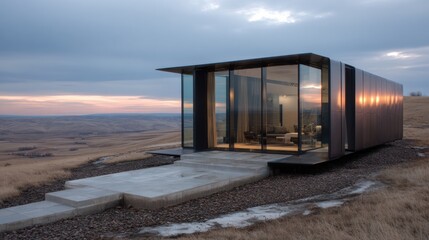 Fototapeta premium Lone Minimalist Modern Cabin Stands in Vast White Tundra With Clean Lines and Efficient Design at Dusk