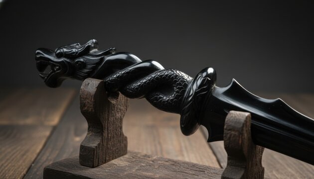 Exquisite Polished Obsidian Kris Dagger Featuring Intricate Dragon Carving on Wooden Stand