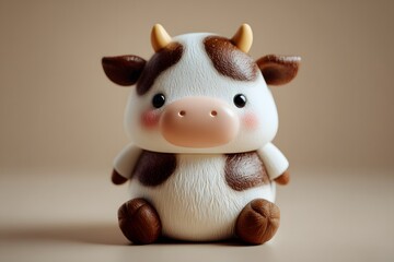 Fototapeta premium Cute Brown and White Toy Cow Figurine Sitting on Neutral Surface