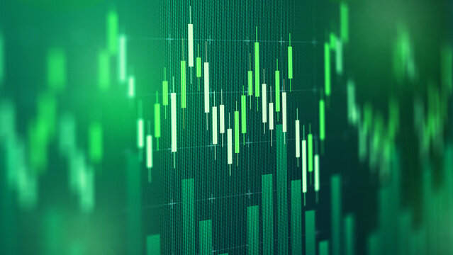 Stock market trends shown on a digital chart in green colors during trading hours