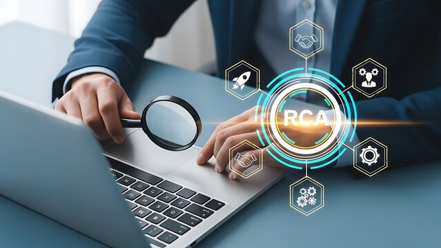 Businessman Analyzing Data on Laptop with RCA Root Cause Analysis Infographic