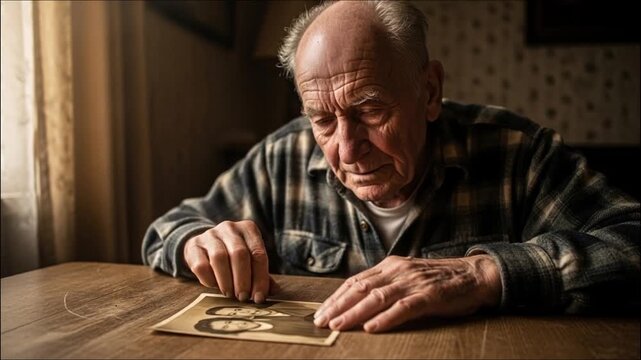 elderly man looking at old photograph on table nostalgic mood indoor setting 