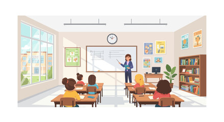 Teacher instructing students music class in classroom with whiteboard and bookshelves © Citra