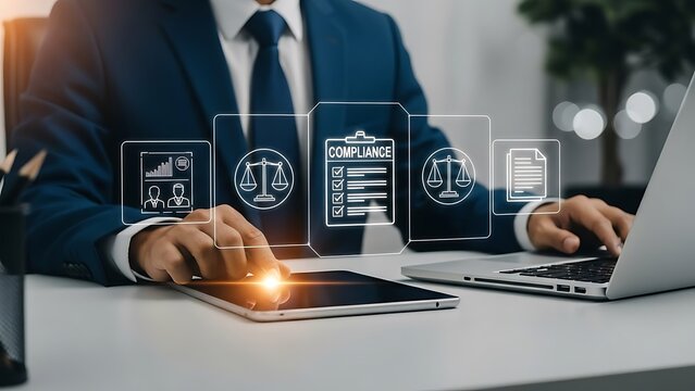 Businessman Working on Tablet with Law Icons on Screen in Office