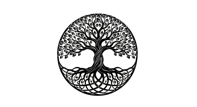 Stylized Tree of Life in Circle, Celtic Knot Roots, Black and White Symbol