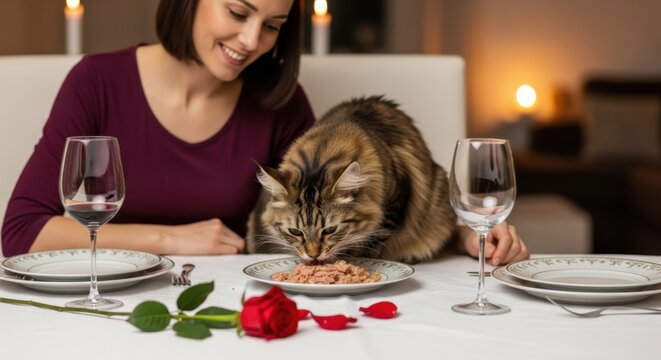 Woman in maroon top at a dinner table watching a tabby cat eat wet food from a plate, with wine glasses and a red rose.