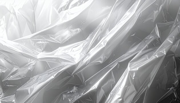 Abstrakte Nahaufnahme von zerkn&uuml;llter transparenter Plastikfolie mit gl&auml;nzenden Falten und Schatten.