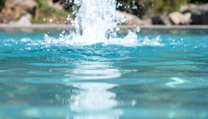 Primer plano de salpicaduras de agua cristalina en una piscina turquesa con ondas suaves y gotas brillantes bajo la luz del sol de verano.