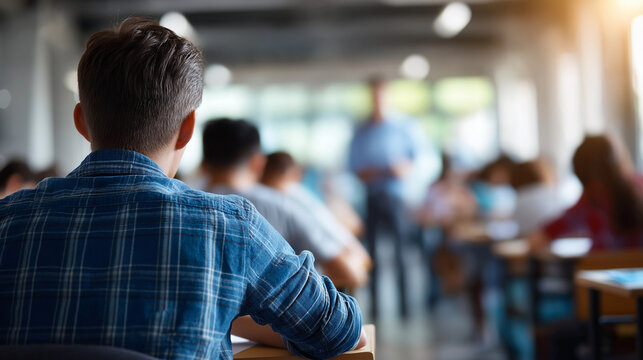 Faceless teenage students sitting for examination with teacher invigilating instructor monitoring exam overseeing test takers academic integrity supervision large examination