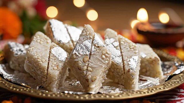 Close up of Diamond Shaped Kaju Katli Indian Sweets Topped with Silver Leaf and Nuts on a Decorative Plate with Blurred Bokeh Lights and Diya Lamps in the Background