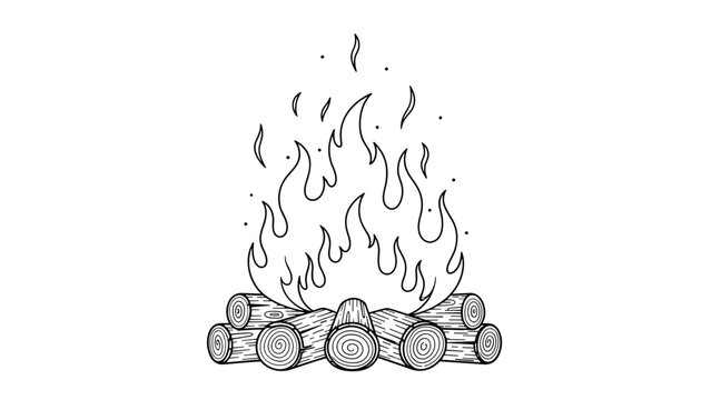 Roaring campfire built from a stack of logs with dancing flames and small sparks is shown in a detailed black and white line art illustration.