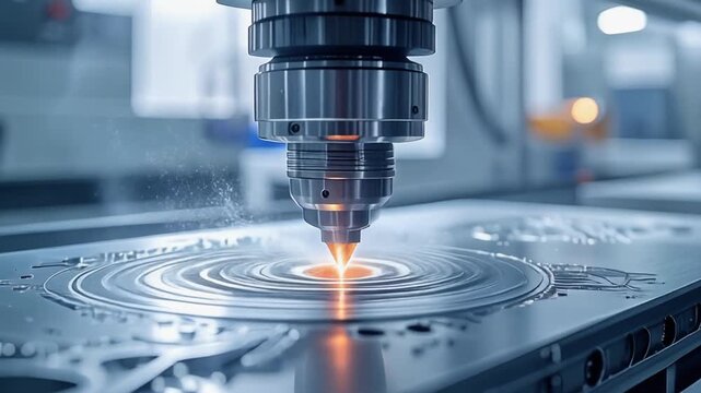 Precision metalworking machinery in action, engraving intricate designs on metal surface with high-temperature laser technology in an industrial setting