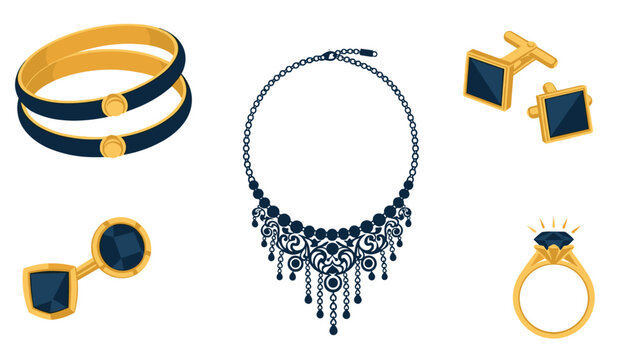 Luxury jewelry items collection featuring gold bracelets a blue gemstone necklace cufflinks earrings and a brilliant diamond ring.