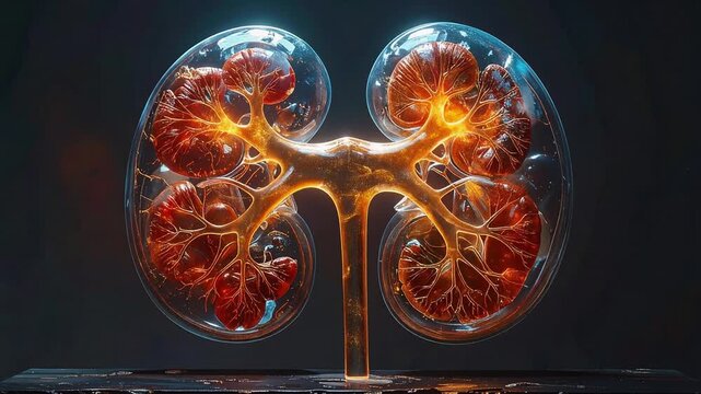 Detailed 3D illustration of human kidneys with visible internal structures and renal anatomy