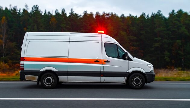 Ambulancia blanca con luces rojas de emergencia circulando por una carretera rural rodeada de &aacute;rboles durante una misi&oacute;n de rescate urgente.