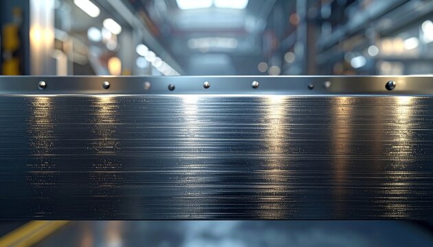 Glatte Metalloberfl&auml;che mit Nieten in einer industriellen Produktionshalle, Hintergrund unscharf