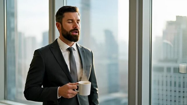 A businessman in a suit enjoying a hot beverage and taking a moment of reflection by a large window