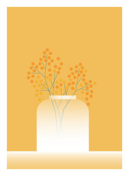 Minimalist vector illustration of a translucent white vase with delicate mimosa branches against a warm yellow background. Modern interior decor, aesthetic wall art, posters