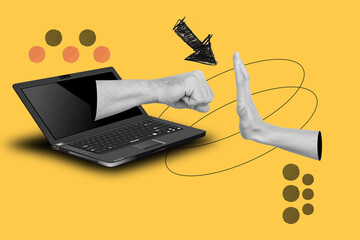 Collage of a woman hand stoping a man fist coming out of a laptop screen on a yellow background...
