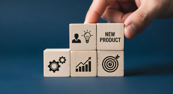 Business strategy and new product development concept with wooden blocks and icons