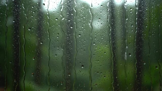 Raindrops stream vertically down a glass window pane showing the blurry green shapes of dense forest trees in the background during a heavy downpour.