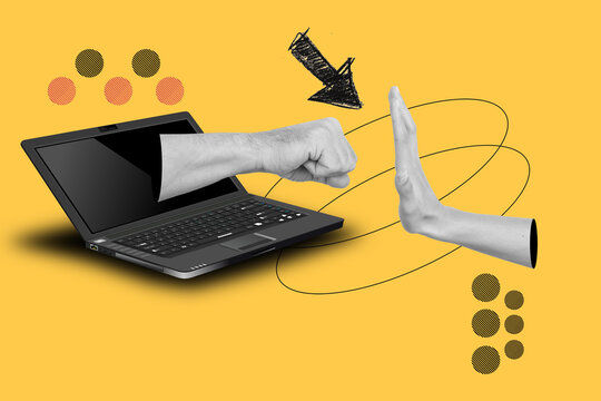 Collage of a woman hand stoping a man fist coming out of a laptop screen on a yellow background with arrows and dots