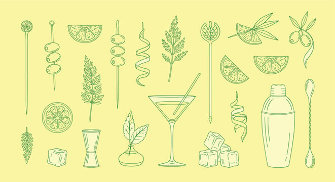 A charming collection of hand-drawn cocktail ingredients and bar tools presented on a soft yellow background