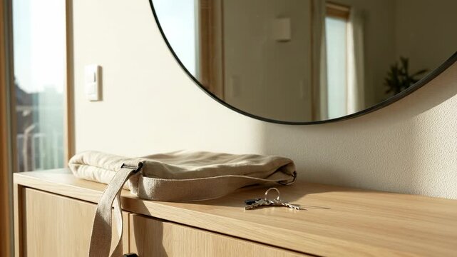 Wooden console table with keys and bag. Minimalist home entryway prepared for daily routine