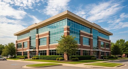 Fototapeta premium Modern multi story office building with brick and glass exterior