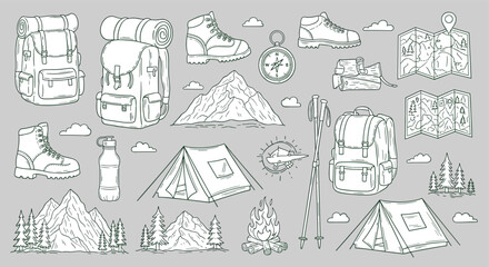 Fototapeta premium Camping and hiking adventure gear collection with mountains tents compass boots and backpack for outdoor exploration and travel