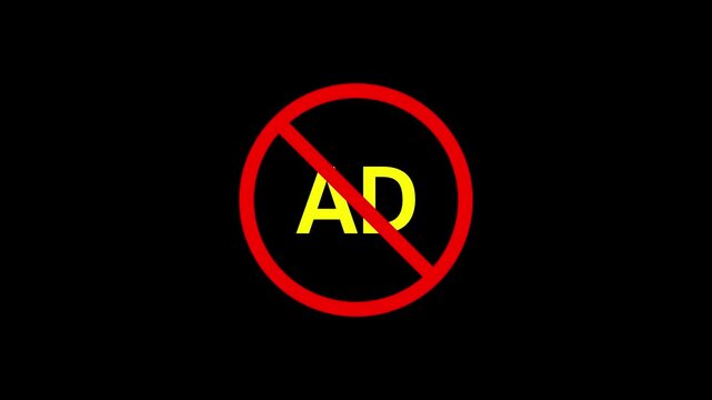 No Ad Concept Icon Animation: Ad Blocker Symbol with Prohibitory Red Circle and Slash over Yellow Text on Black Background for Digital Marketing, Privacy, and Ad-Free Premium Subscription Services