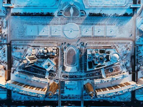 Aerial panorama of Astana city skyline in winter with snowy roads and modern architecture. g