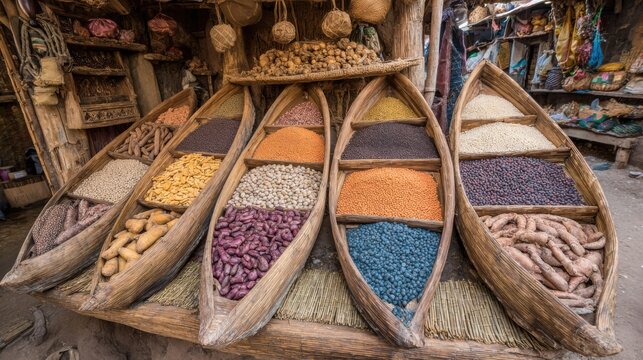 Arranged food rations legumes grains dry ingredients in rustic market display