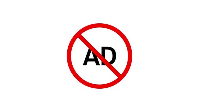 No Ad Concept Icon Animation: Ad Blocker Symbol with Prohibitory Red Circle and Slash over Black Text on White Background for Digital Marketing, Privacy, and Ad-Free Premium Subscription Services