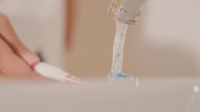 Traveler brushing under hotel faucet morning rush, quick hand rinse of toothbrush against chrome tap, energetic water splash over porcelain basin, bright vanity lighting, efficient business