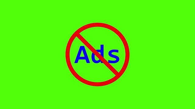 Stop Ads Concept Icon with Red Prohibited Sign and Blue Text on Green Screen Background for Chroma Key Compositing, No Advertising Symbol for Digital Marketing, Social Media, and Video Content 🚫