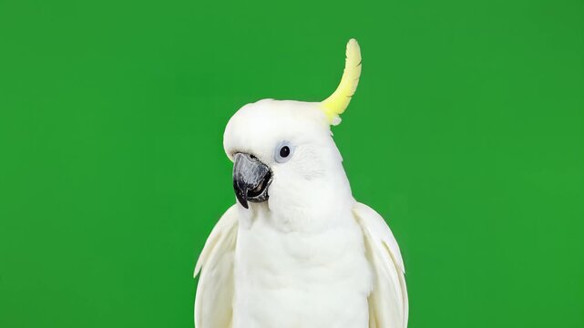 Close-up of a white cockatoo parrot with a yellow crest on a green screen background