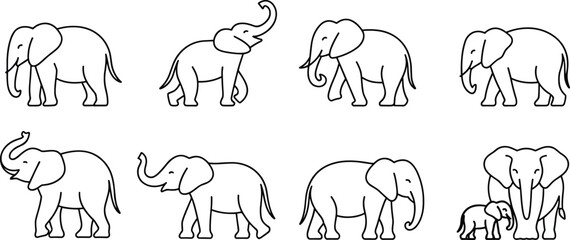 Elephant outline icon set with walking standing baby and family wildlife animal line art vector illustration collection © rakib's world