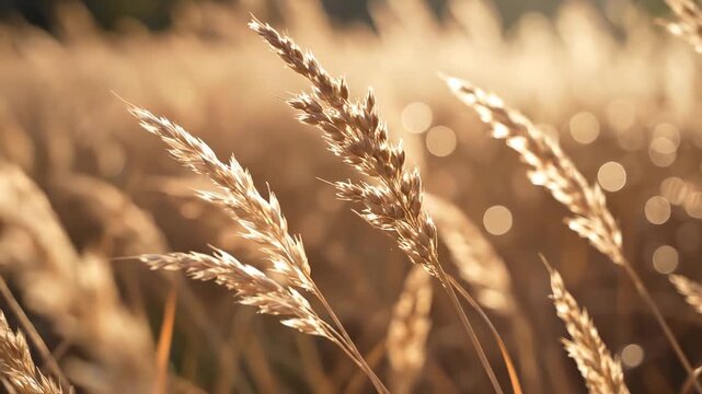 Golden hour closeup of dry grass stalks swaying gently in the warm breeze with soft bokeh lights in the background evoking a sense of peace and natures beauty.