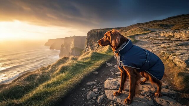 Dog gazing at sunset cliffs by ocean on windy day with dramatic skies and golden light