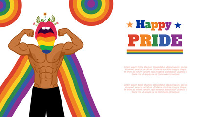 Obraz premium Muscular man with rainbow face paint celebrating pride month