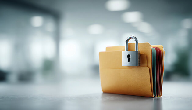 Secure folder privacy protection confidential document office safety concept, yellow file folders with padlock on desk, blurred background