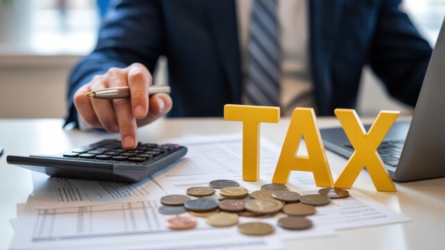 A businessman calculating tax with coins and calculator on a desk