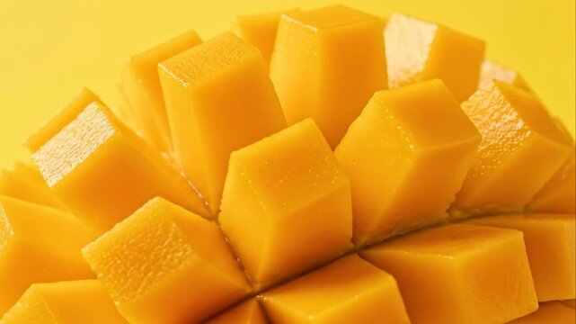 Closeup of ripe mango cubes revealing fresh juicy texture on yellow background