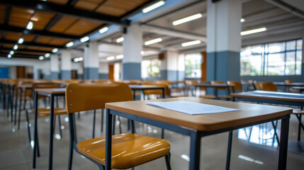 Exam examination room or hall set up ready for students to sit test multiple desks tables and chairs arranged education school student life concept empty venue prepared rows